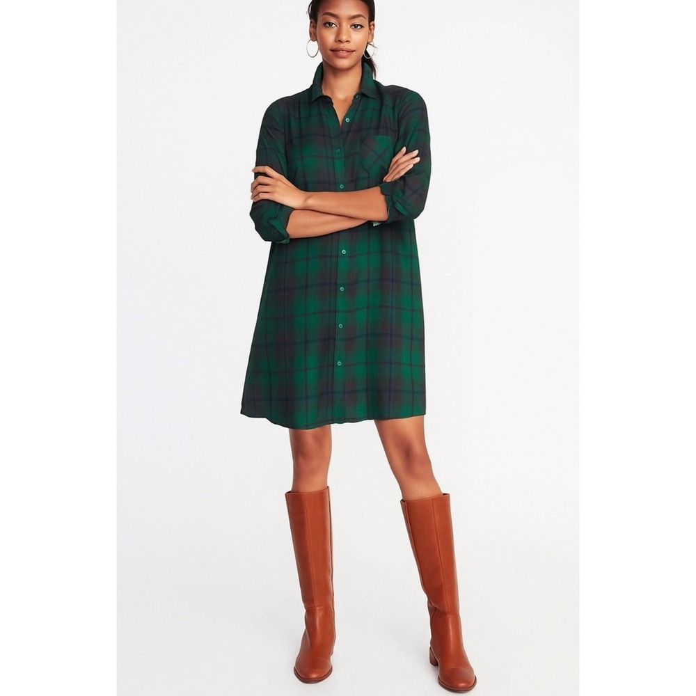 Old Navy Womens‎ S Blue Green Tartan Plaid Holiday Shirt Dress Equestrian Preppy